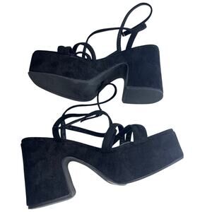 NWOT Black Platform Heels Strappy Sandals Faux Suede EU Size 41 US Size 10